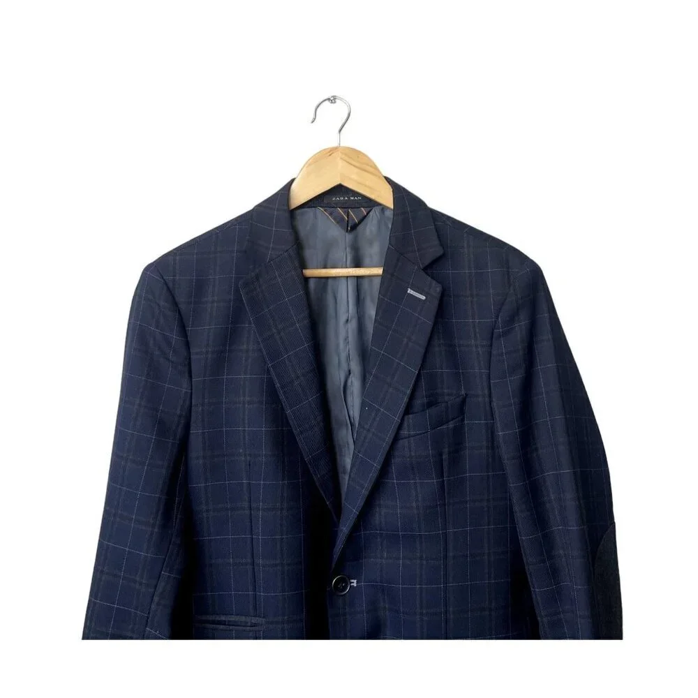 Zara Mens Blazer Size 40 Navy Blue Plaid Wool Blend Button‎ Front
